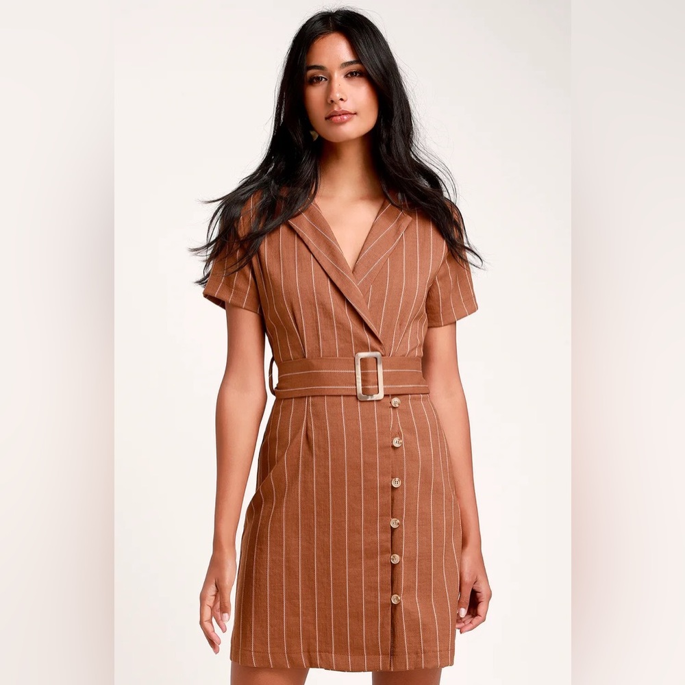 Lulus Raegan brown striped shirt dress